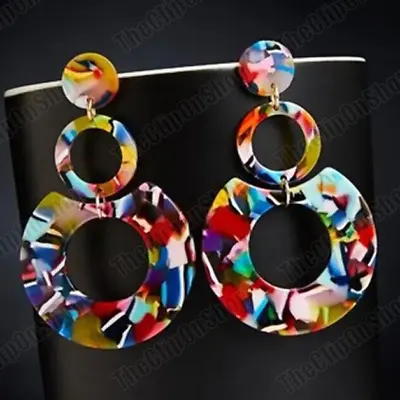 CLIP ON BIG MULTI Red Blue EARRINGS Resin ROUND Hoop 80s RETRO Vintage Style • £3.99