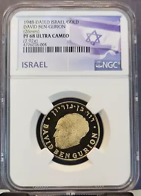 1948 Israel Gold Medal David Ben Gurian Ngc Pf 68 Ultra Cameo Top Pop 1 • $769.95