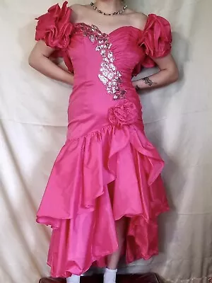 Vtg Alyce Designs Barbiecore Hot Pink 80s Prom Dress Sequin Ruffle Drop Waist • $180