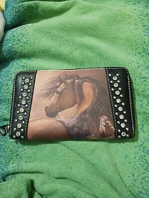 Montana West Brown Chocolate Studded Horse Print Zip Around Wallet Western Rodeo • $12