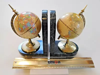 2 World Globe Bookends Green Marble Stand Book Ends 7” Tall Vtg Brass & Granite • $38