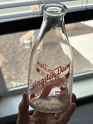 Rare C1940's Quart Pyro Milk Bottle Livingston Dairy Livingston Cal. Merced Co • $34.99