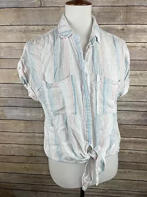 Bella Dahl XS Linen Blend Blouse Striped Tie Front White Blue Pink Cropped Top • $24.50