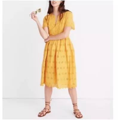 Madewell Scalloped Eyelet Midi Dress Marigold Yellow Women’s Size 0 Cottagecore • $28.92