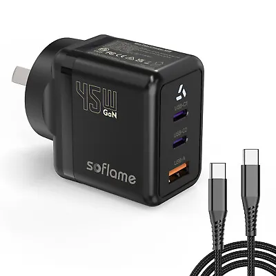 SOFLAME 45w GaN PD Charger AU Plug 3-Port With 3.3 Ft 60w Nyloon Braided Cable • $26.99