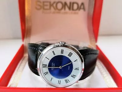 Mint Vintage Sekonda Chrome Blue/White Watch 17 Jewel USSR New Old Stock 70s • £50