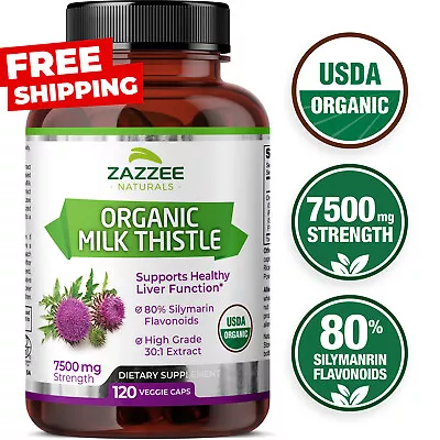 USDA Organic Milk Thistle 7500 Mg Strength 120 Veggie Caps 80% Silymarin 30:1 • $22.94