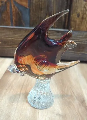 Vtg Murano Art Glass Brown & Amber Angel Fish Sculpture On Pedestal  • $39.99