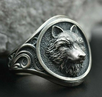 $369.39 • Buy Men's 3D Wolf Head Ring Solid Metal 14k White Gold Plated 925 Sterling Silver