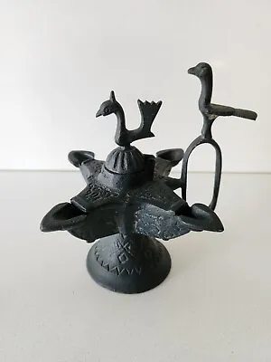 RARE Ancient Middle Eastern Bronze Oil Lamp Two Birds 4 Spouts Incense ANTIQUE  • $525