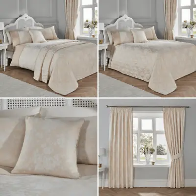 Ivory Imelda Floral Jacquard Polycotton Bedding Curtains Matching Range • £14.99