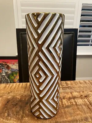 Pier 1 High Gloss Ceramic Gold & White Vase With MSM Inspired Geometric Design • $19