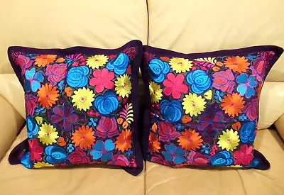 PAIR Of MEXICAN MAYA MAYAN SILK EMBROIDERY HAND MADE PILLOW CUSHION COVERS 18x18 • $58.25