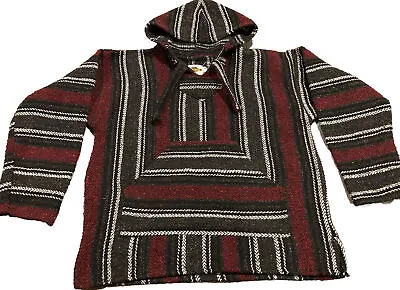 Earth Rags Mexican Poncho Natural Hoodie Striped Knit Pullover Adult M • $10