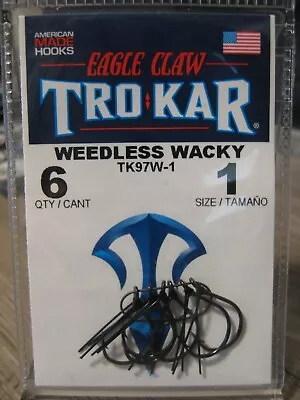 6 Eagle Claw TroKar Weedless Wacky Worm Fish Hooks TK97W Size 1 Black Chrome • $9.07