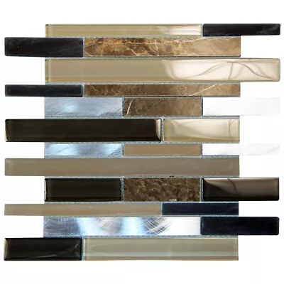 Mosaic Linear Tile Glass Marble Metal Eternital Linear Kitchen Backsplash Brown • $277.67