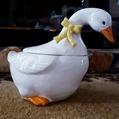 Vintage Ceramic Country Duck Cookie Jar W/Yellow And White Spotted Bow • $21.99