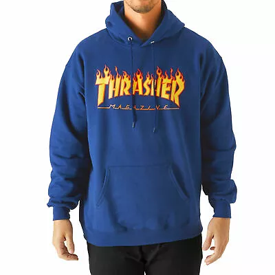 THRASHER SKATEBOARD MAGAZINE Flame Hood Jumper ROYAL Hoodie Pullover Blue • $88.99