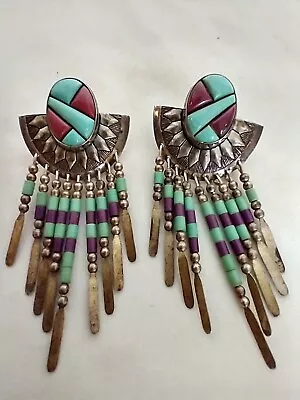 Vintage Native American Inlaid Earrings  Stamped QT Quoc Sterling  • $129