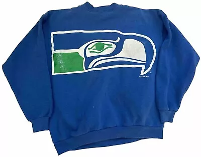 Vintage 90s Seattle Seahawks Logo Large Blue Crewneck Sweater Football Classic • $48.75