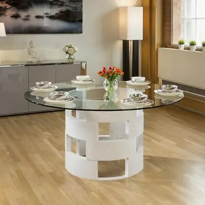 Modern Funky Large Round White Oak And Clear Glass Dining Table 1600mm • £803.85