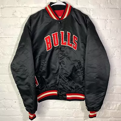 Vintage Chicago Bulls 80s STARTER Jacket #23 Satin Snap Bomber NBA Black Red XL • $149.95