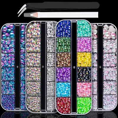 4 Boxes Flat Back Rhinestone&Pearls Kits Flatback Round Glass Ab&Clear Gems+Colo • $19.99