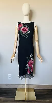 Robbie Bee Vintage Y2K 100% Silk Black Floral Sequin Slip Dress Size 10 • $36.79