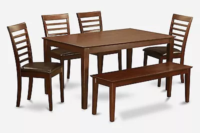 6pc Set Capri Table With 4 Milan Leather Chairs + 1 Wood Seat Bench In Mahogany • $800