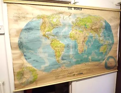 1971 George Philip & Son Ltd Old School Roll Down 178 Cm Long WORLD MAP On Linen • £174.99