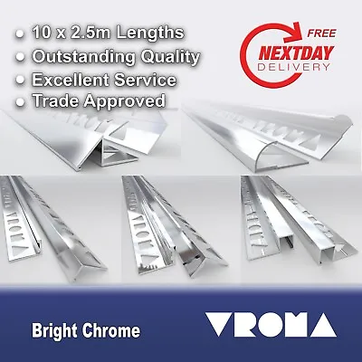 10 X Tile Trim Bright Chrome L-Shape/Square Edge Box Round/Quadrant Triangle • £84.99