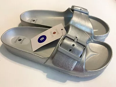 NEW Megan EVA Single Band Metallic Silver Slide Sandals Shade Shore Womens Siz 5 • $9.99