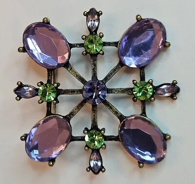 Rare Vintage Brass Tone Maltese Cross Purple Crystal Rhinestone Cabochon Brooch • $18