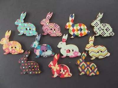 10 X Rabbit Shaped Wood Mixed Colours Buttons-scrap Booking - Sewing  • £2.69