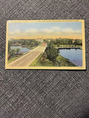 Vintage Linen Postcard Melbourne  FL~Overlooking The Dixie Highway & Melbourne • $0.90