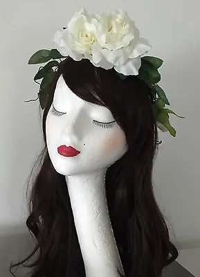 White Rose Flower Hairband Hair Crown Headdress Hair Band Boho Bridal VTG • £17.99