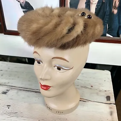 Vintage 1950’s Small Brown Pillbox Style Mink Women’s Fur Hat & 2 Hat Pins • $15.99