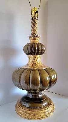 Vtg Mid Century  NARDINI XL Ceramic Olive Green & Gold Table Hollywood Lamp • $155