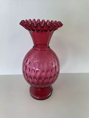 Beautiful Vintage Hand Blown Unique Cranberry Glass Vase 26cm High (J) • £9.99