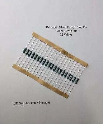 Resistor Metal Film 1/2W 0.5W 1% 1 Ohm To 2 M Ohm - 72 Values 20 Pieces • £2.25