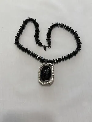 Miriam Haskell 1960s Black Lucite Pendant With Sequins Metal Crystals Necklac • $148
