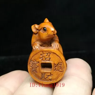 Old Japanese Boxwood Hand Carved Money Coin Mouse Statue Netsuke Gift 1.2 Inch • £19.19