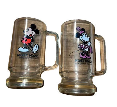 Walt Disney Set Of Mickey And Minnie Mouse Clear Glass Beer Handled Mug Cup   • $24.50