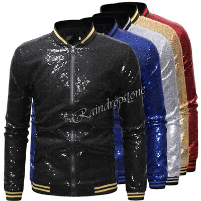 Mens Sequin Glitter Baseball Jacket Casual Outwear Dress Costume Coat New • $49.67
