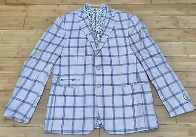 Tallia 100% Linen Windowpane Blazer Sports Coat Mens 40R Pink/Blue Ticket Pocket • $49.95