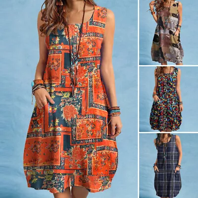 $22.30 • Buy Womens Cotton Linen Sleeveless Oversized Sundress Holiday Beach Party Mini Dress