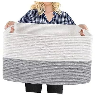 Extra Large Laundry Basket Rectangle Woven Cotton Rope Storage Basket Grey • $44.78