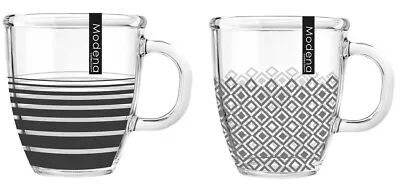 Set Of 2 12oz Grey Patterened Glass Drinking Mugs Hot Chocolate Mocha Latte Cup • £7.29