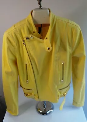 LAUREN JEANS CO. Denim Moto Jacket Offset Gold Zip Front Tabbed Collar-Yellow-LG • $49.95