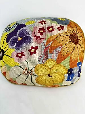 Vintage 1970s Pillow Embroidered Floral Retro Granny Core Hippy Needlepoint  • $18.05